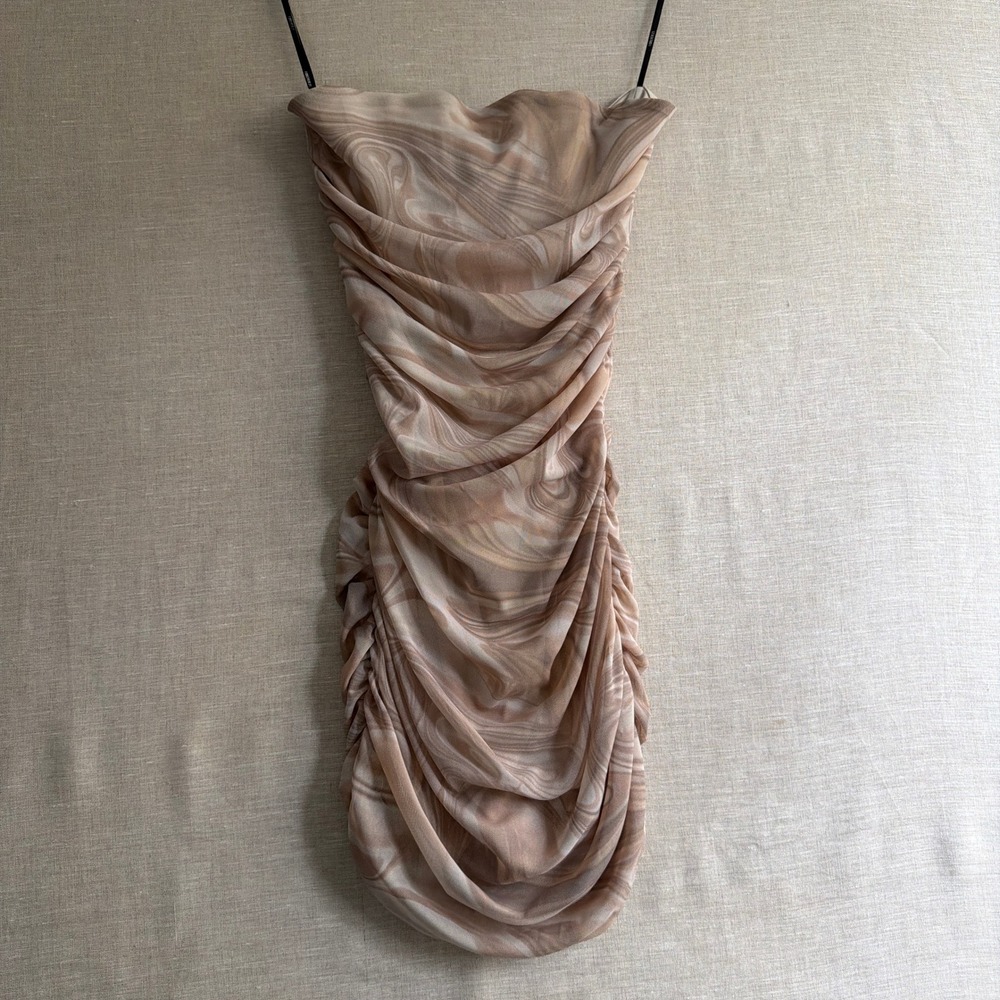Forever 21 Marble Ruched Strapless Mini Dress Brown Mesh Y2K Aesthetic